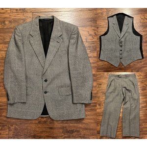 VTG Burberrys Wool 3 Piece Suit Blazer Vest Pants Wool Black Gray Houndstooth